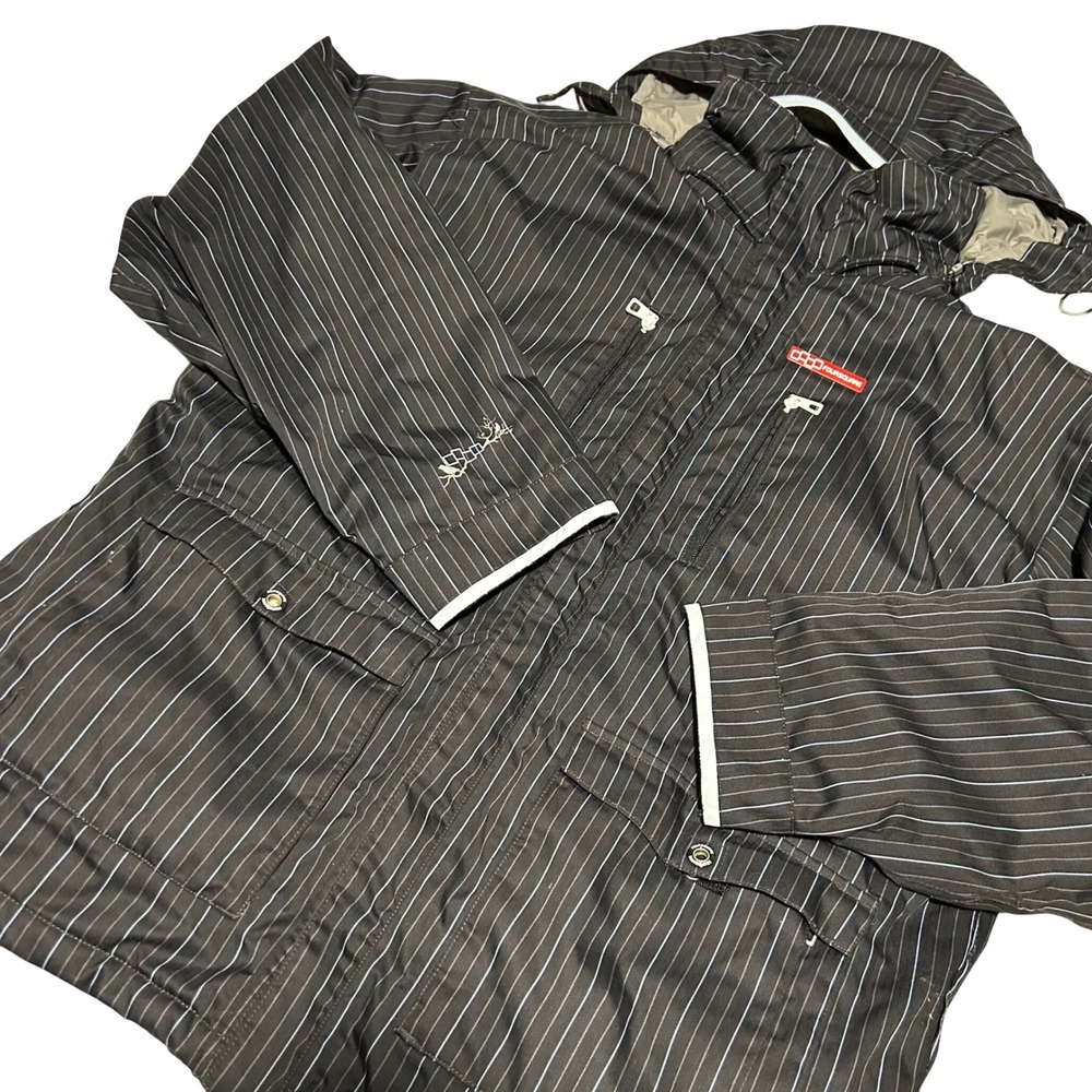 Foursquare Snowboard Jacket Mens XL Black Pinstripe 15K Insulated Hooded Coat
